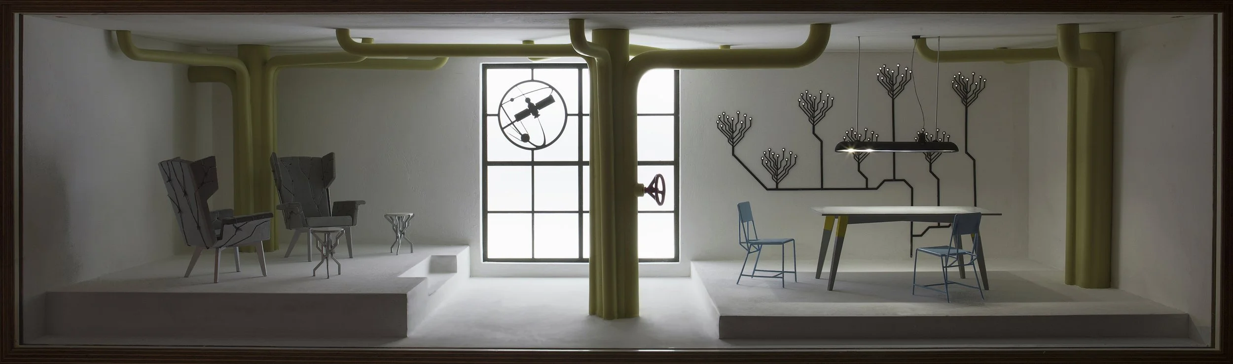 A miniature room with modern eclectic furniture and decor. The left side has two armchairs with black crackle patterns, a small metallic stool, and a tiered stand. The middle features a large window with an abstract satellite or celestial design on t