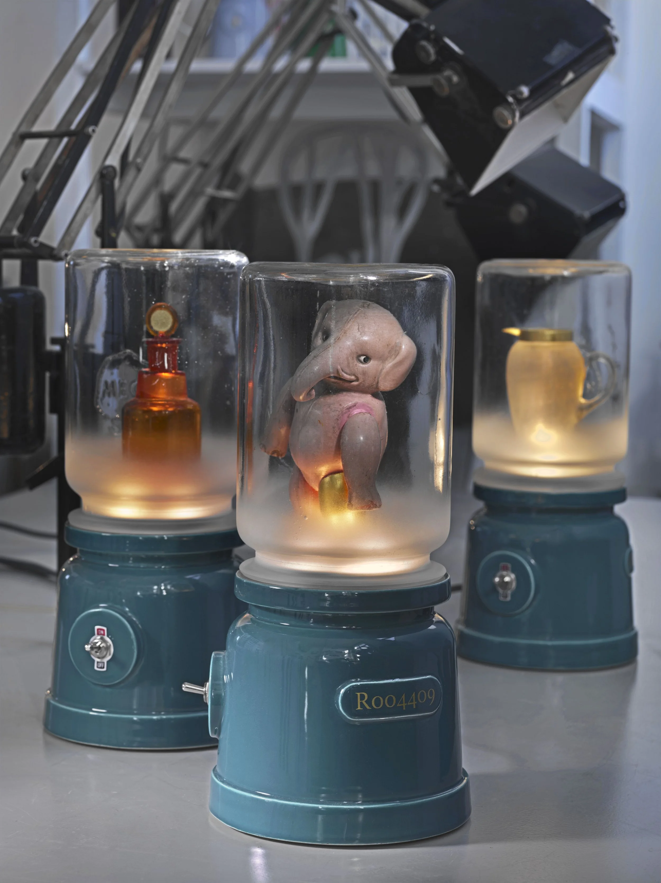 Three vintage glass display jars with animal figures inside, powered by blue electric bases, on a white surface in a laboratory or scientific setting.
