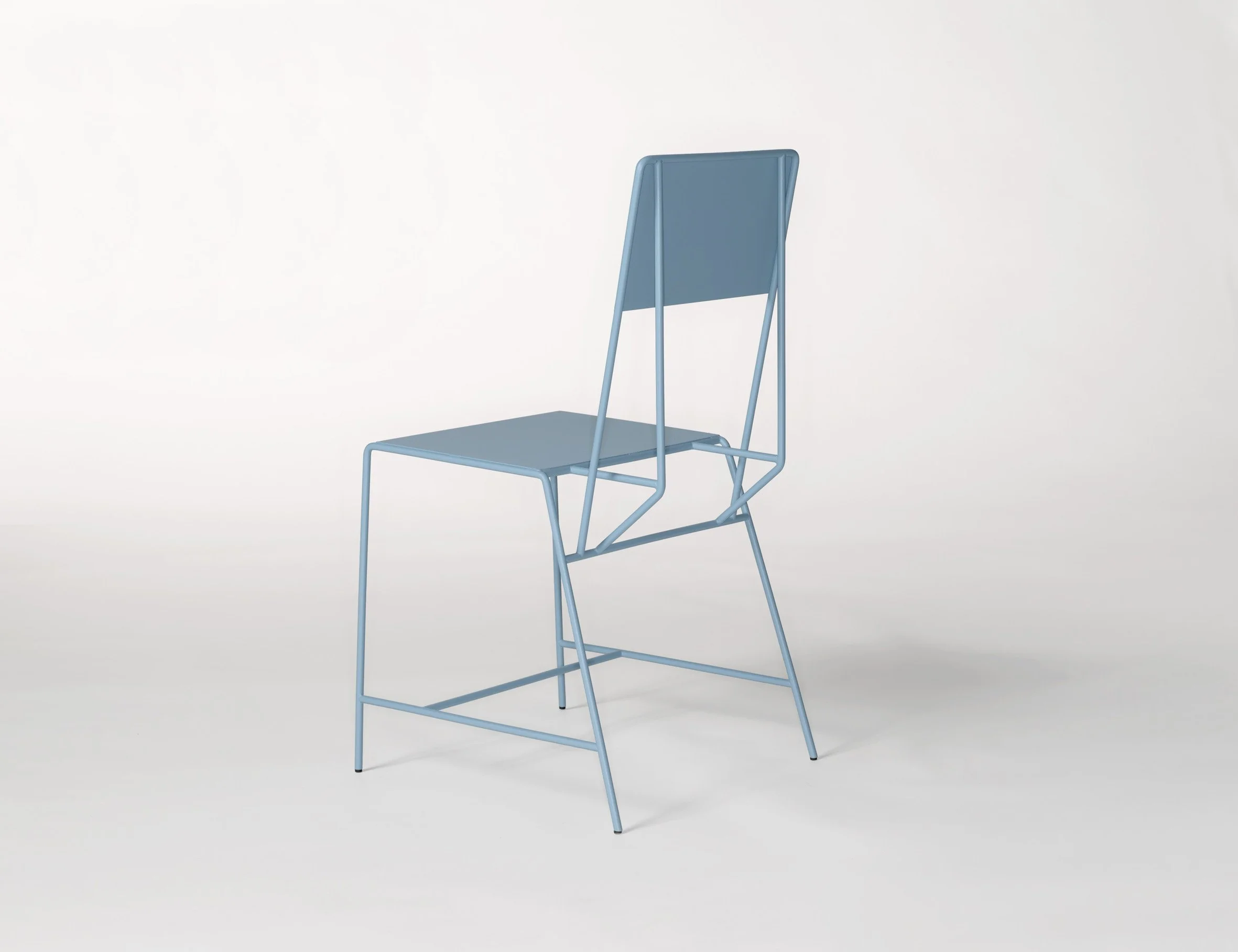 A modern, minimalist blue metal chair with a geometric design, featuring a high back and a square seat, against a plain white background.