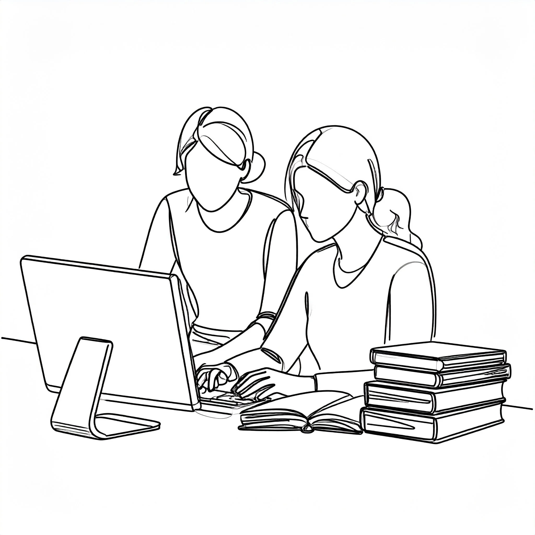 Line drawing of two people sitting at a desk with a computer, books, and a stack of papers.