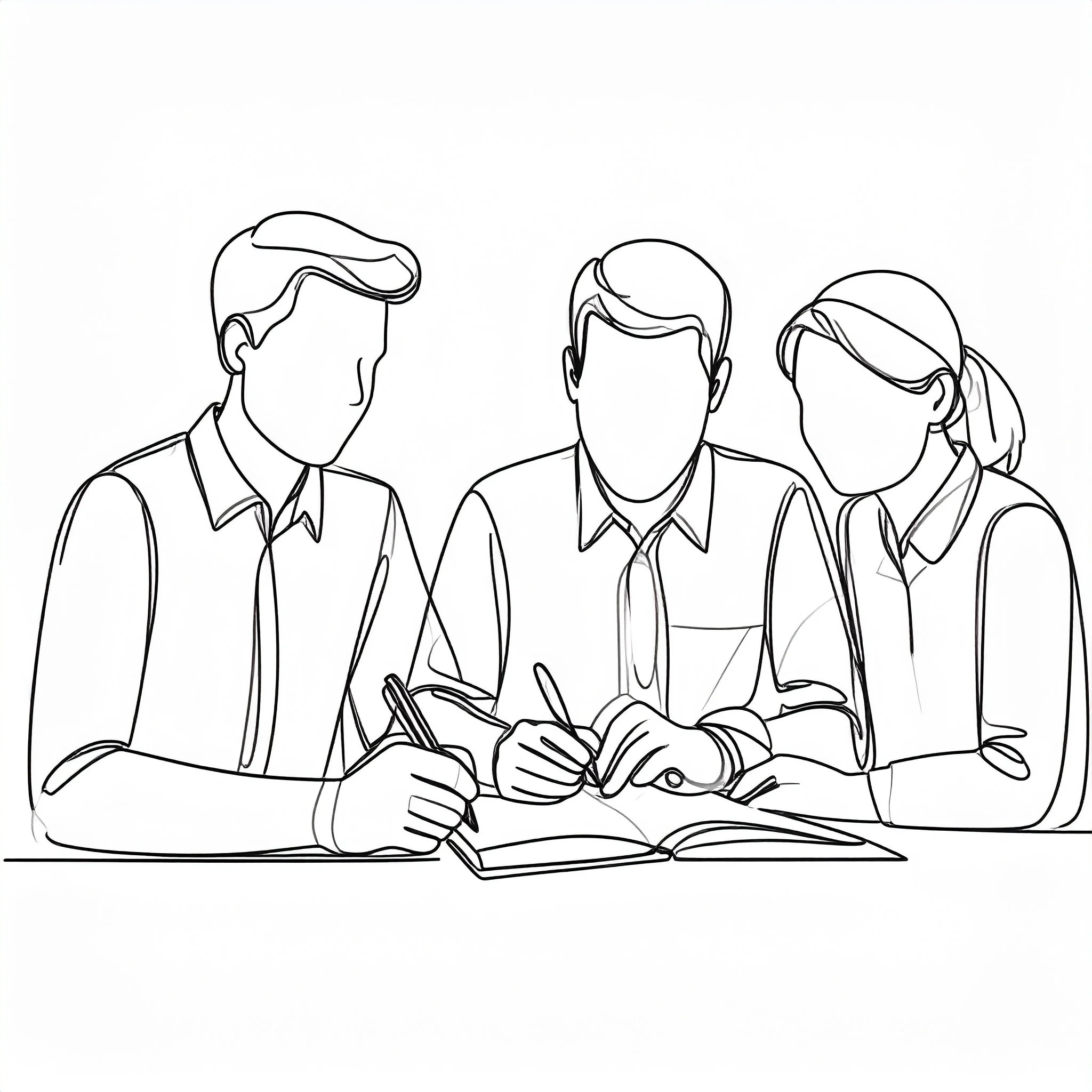 Line drawing of three people sitting at a table, engaged in a discussion or collaboration, with an open book or notebook in front of them.