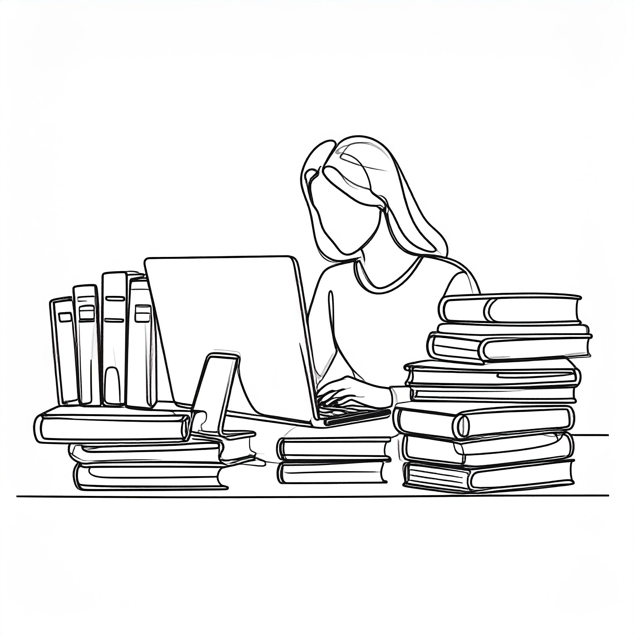Line drawing of a woman working at a desk with a laptop, surrounded by stacks of books.