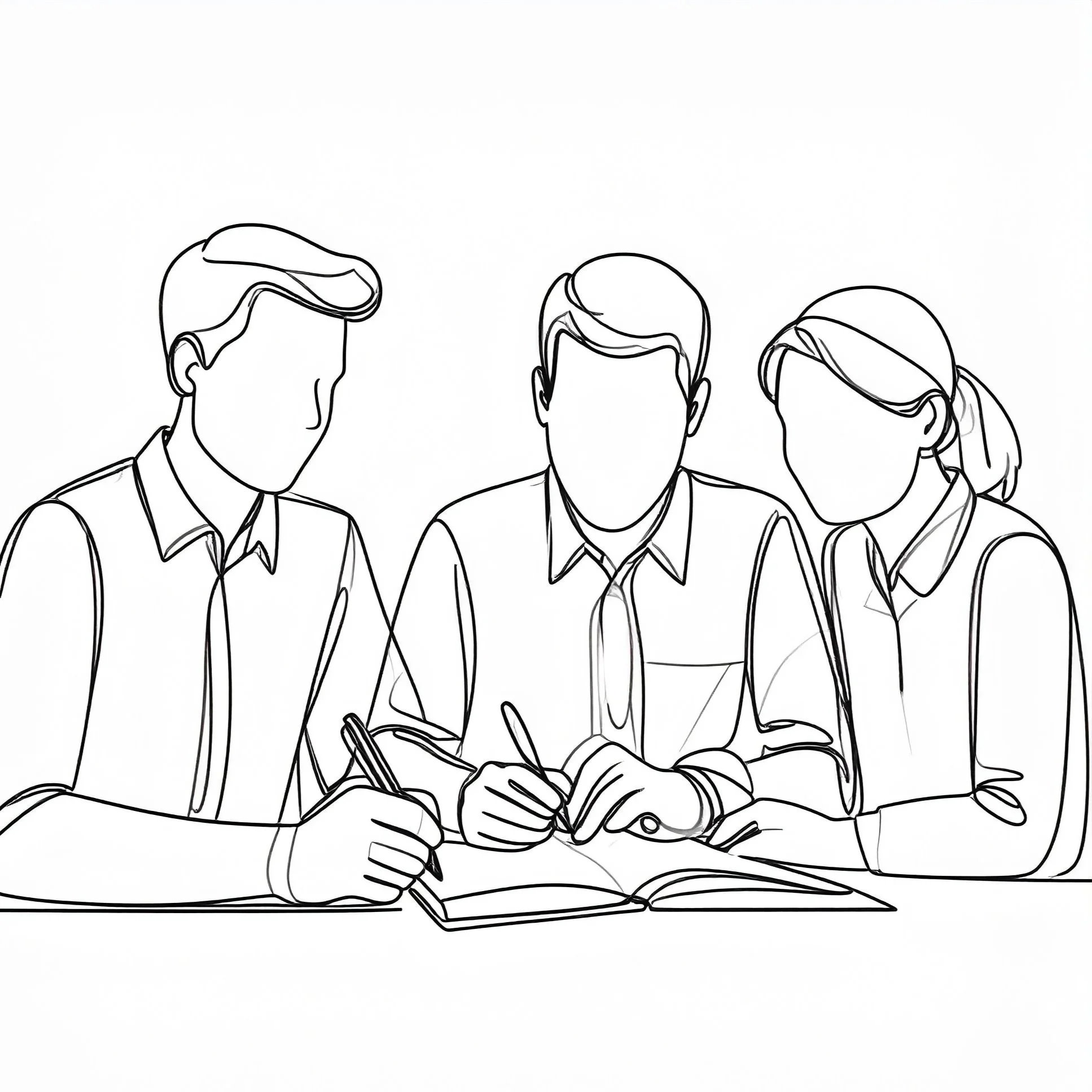 Line drawing of three people with no facial features, sitting at a table, looking at a book or document, with two holding pens.
