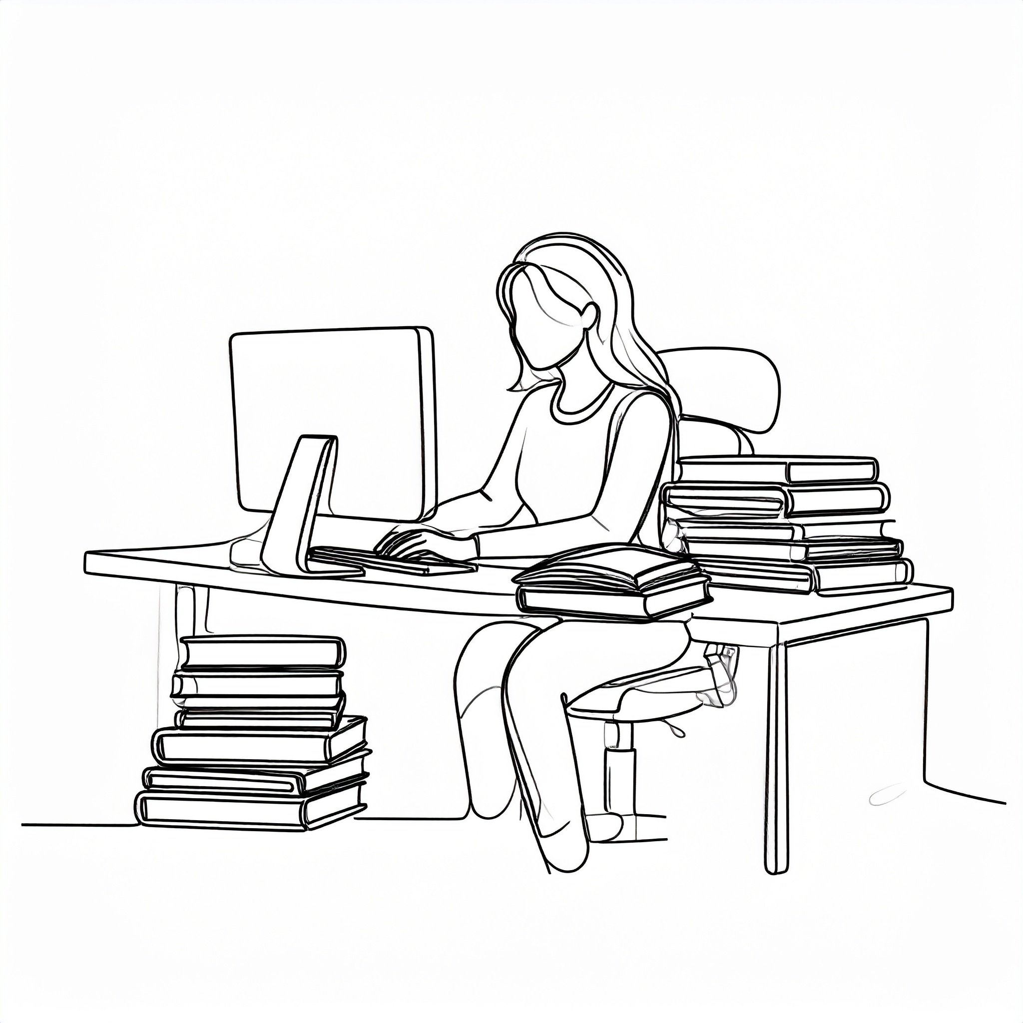 Line drawing of a woman sitting at a desk with a computer, surrounded by stacks of books.