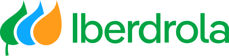 Logotipo de Iberdrola con letras verdes y tres llamas en color verde, azul y naranja.