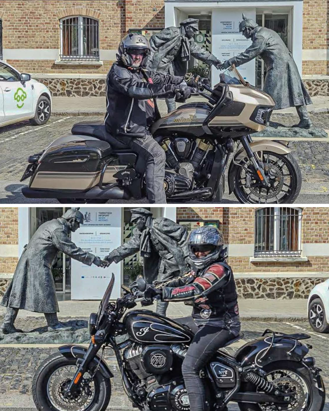 A man in motorcycle gear sitting on a beige and black touring motorcycle in front of a bronze statue of two men shaking hands. In the second image, a woman in motorcycle gear sitting on a black Harley Davidson motorcycle in front of the same statue.