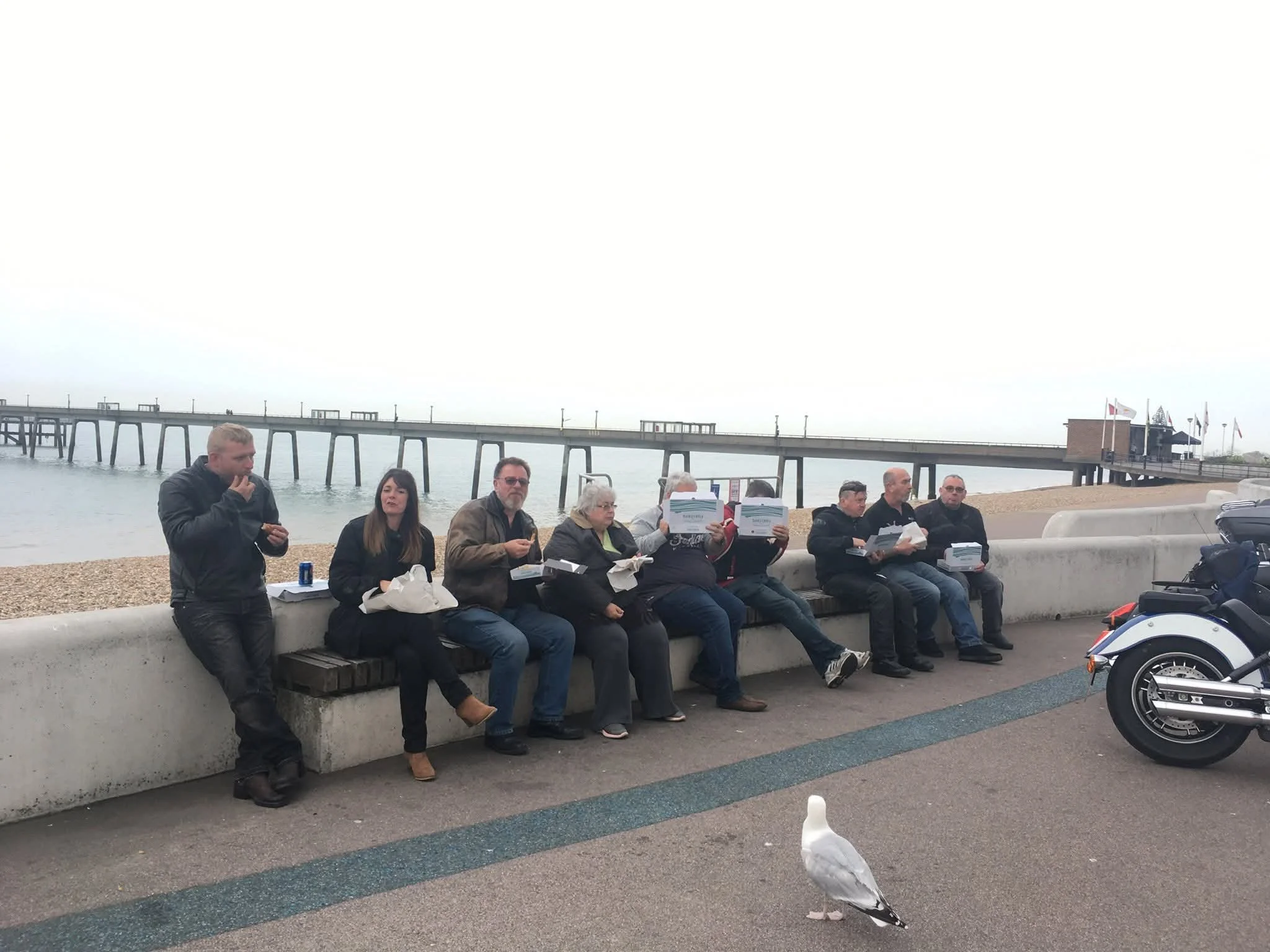 A group of people sitting on a seawall near a pier on a cloudy day, with flags flying and seagulls walking nearby.