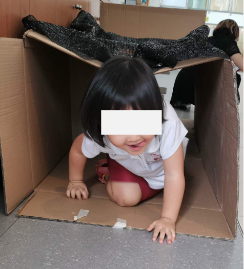 Young child crawling through a cardboard tunnel during gross motor play.