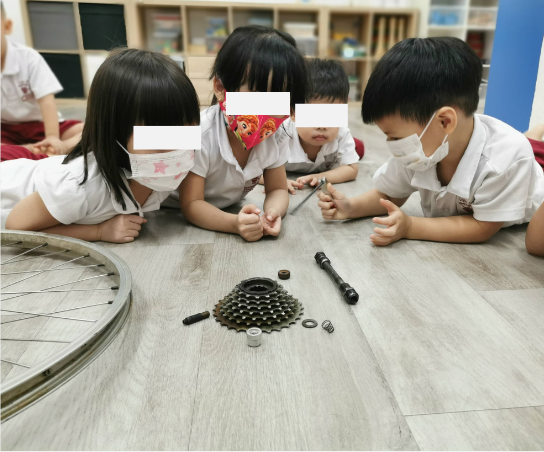 Toddlers lying on the floor closely observing bicycle parts during a hands-on investigation.