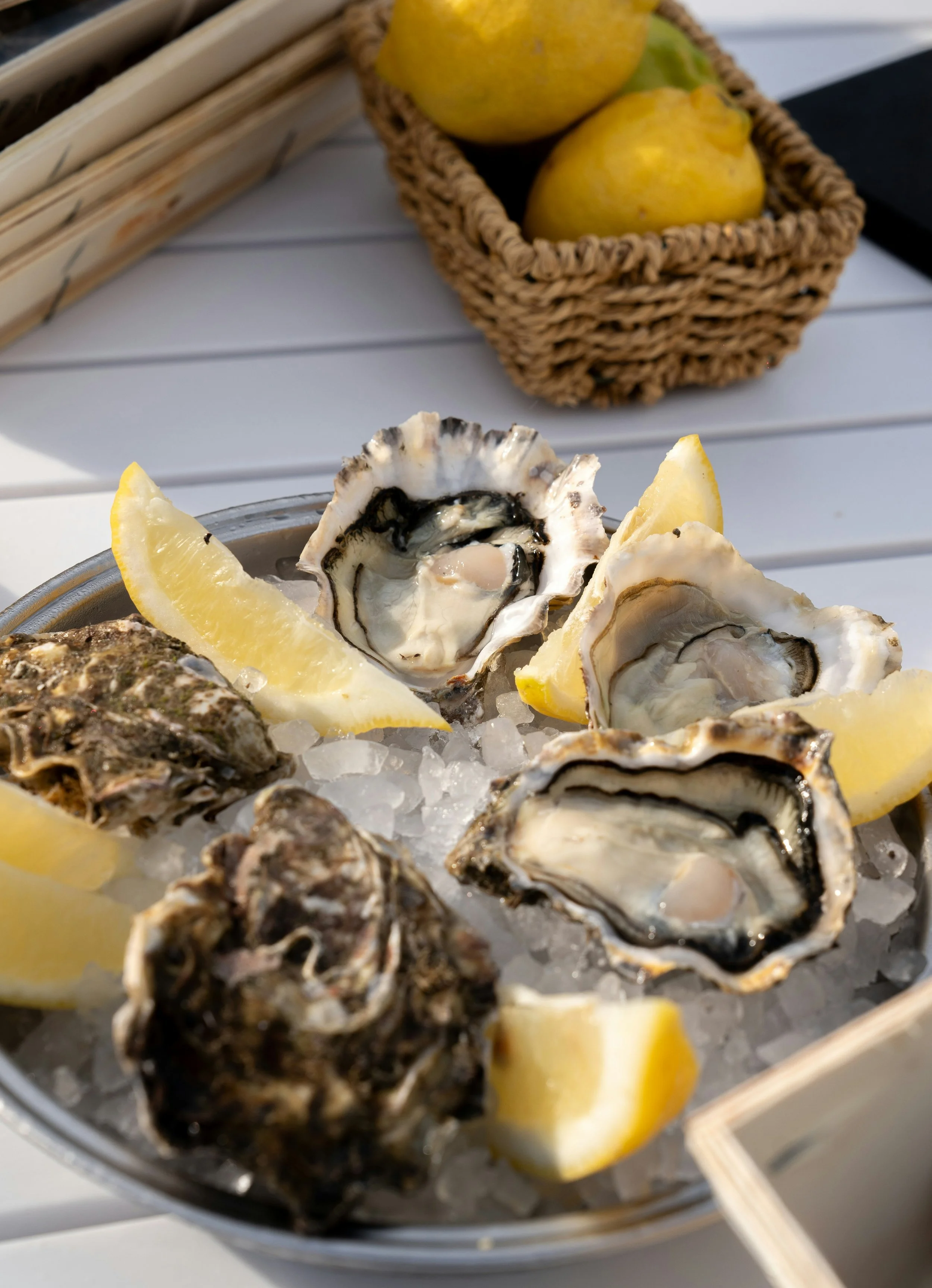 Open oyster shells with lemon wedges on a bed of ice, in front of a small basket containing apples.