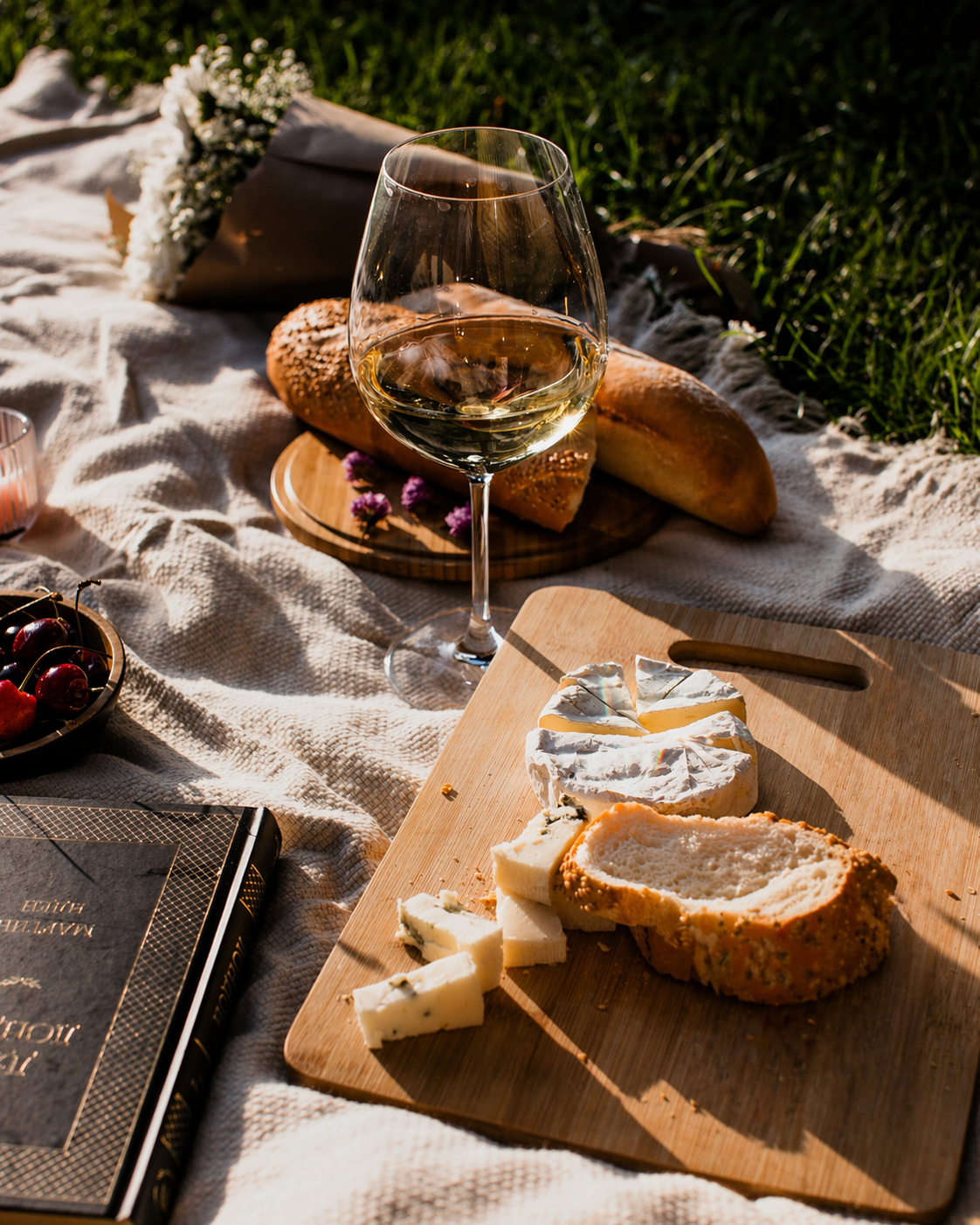 Picnic with a glass of white wine, cheeses, bread, cherries, and a book on an outdoor blanket, with green grass in the background.