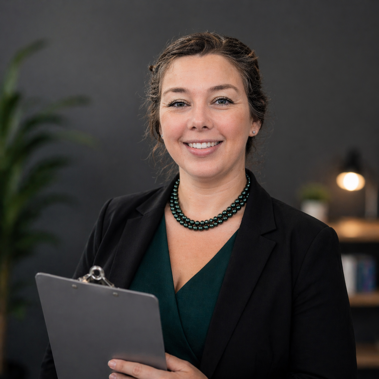 Robyn from Salter Square Digital holding a clipboard in an office
