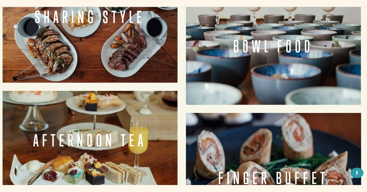 A collage of four images showing different food settings: top left has sharing style dishes with sliced meat and sides on plates; top right shows numerous bowl foods arranged on a table; bottom left features afternoon tea with assorted pastries and a glass of orange juice; bottom right displays finger foods or roll-ups on a black platter.