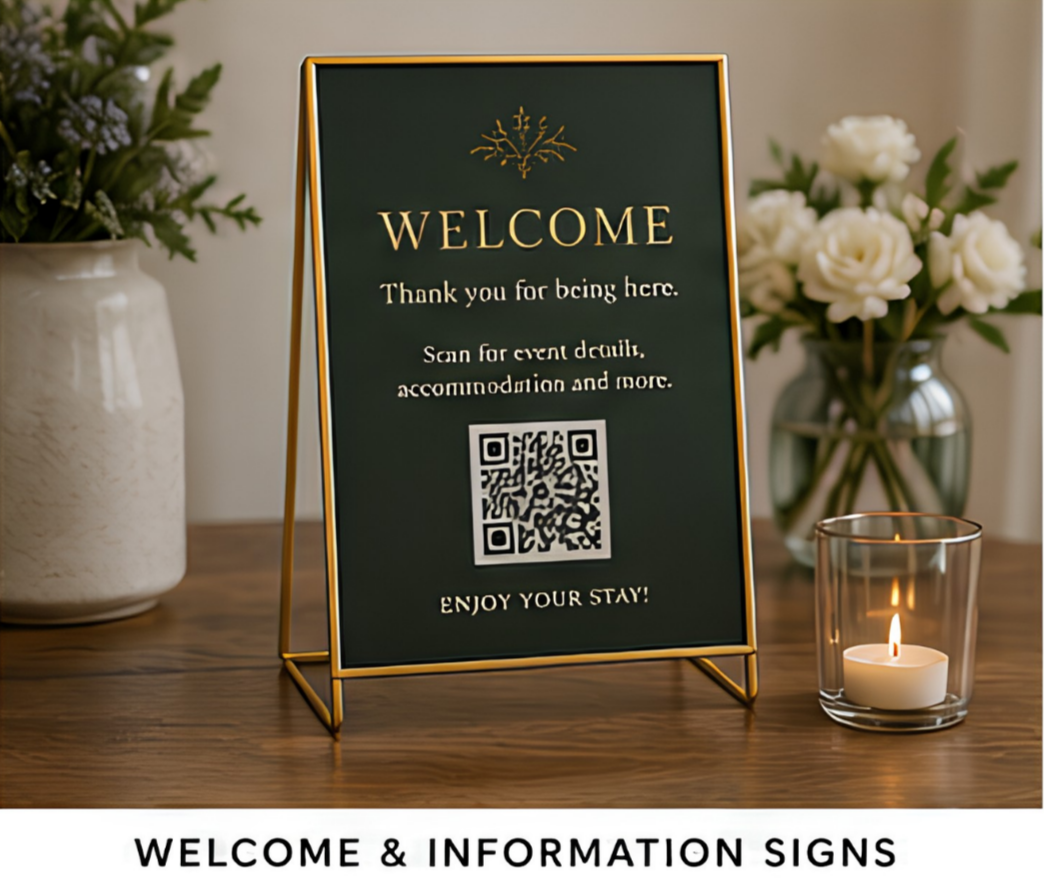 Welcome & Information QR Signs.

Welcome visitors while providing useful information in one elegant display. Ideal for weddings, events, receptions, venues and exhibitions where guests may need directions, schedules, Wi-Fi details or event informatio