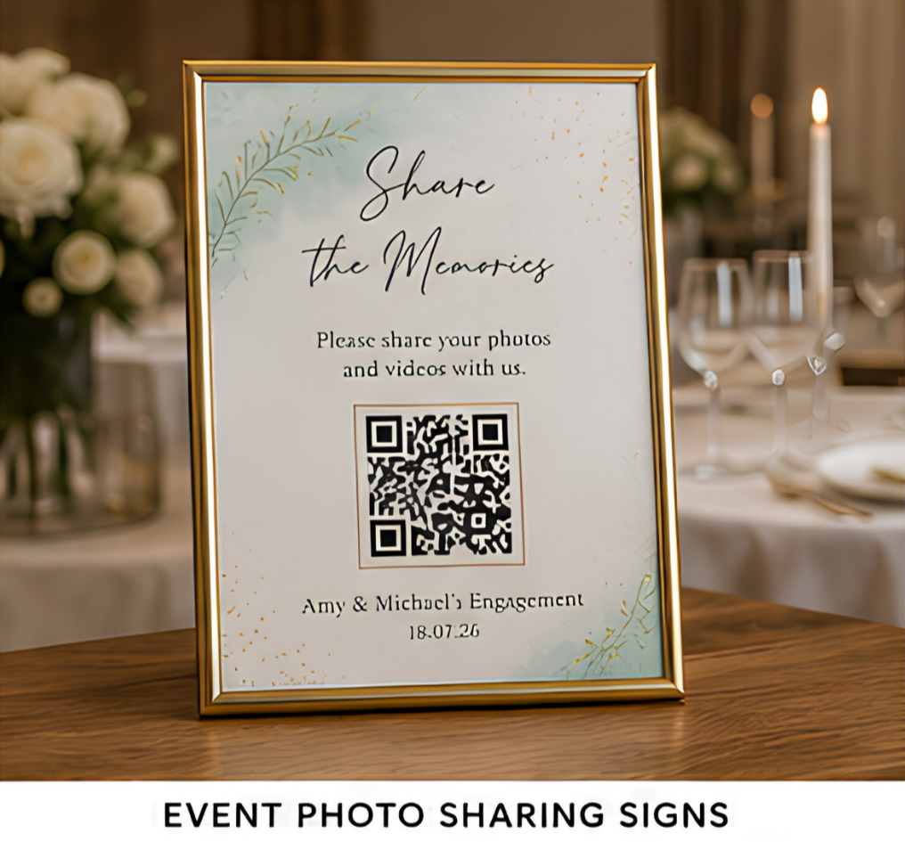 Event Photo Sharing Signs.

Collect every guest photo and video in one place with a beautifully designed QR sign. Ideal for weddings, parties, conferences and corporate events, allowing guests to upload their memories directly to a shared online gall