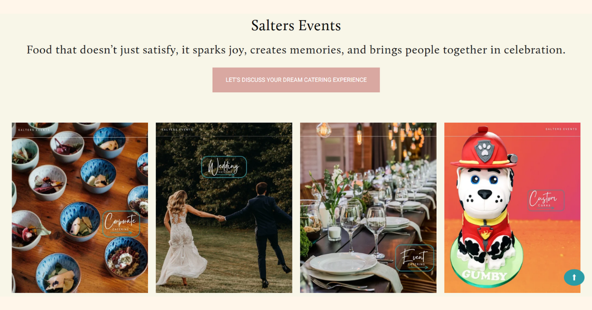 Screenshot of a webpage for Salters Events, showcasing food, wedding, event, and custom cake services, with images of small food bowls, a couple dancing outdoors, a decorated dining table, and a cute character cake themed as a fire dog.