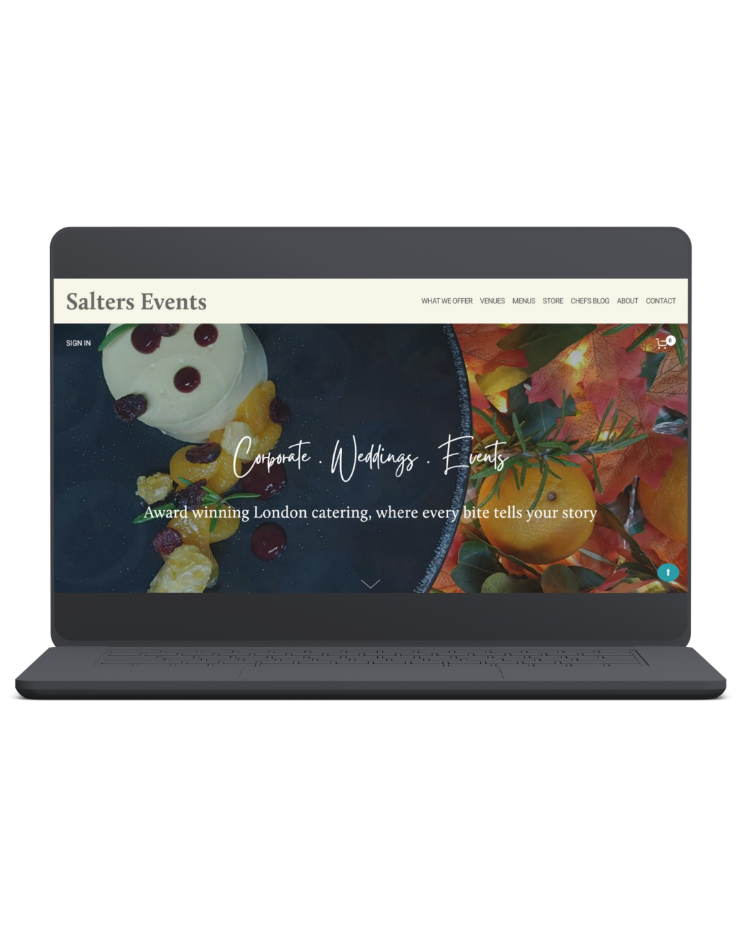Screenshot of the Salters Events website featuring catering for corporate, weddings, and events with an autumn themed background.
