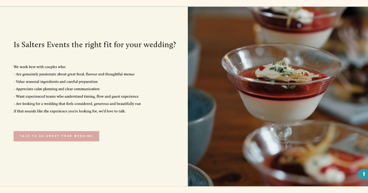 A webpage advertising wedding planning services with a photo of layered dessert cups, possibly panna cotta or mousse, topped with a red sauce and garnished with mint and cream.