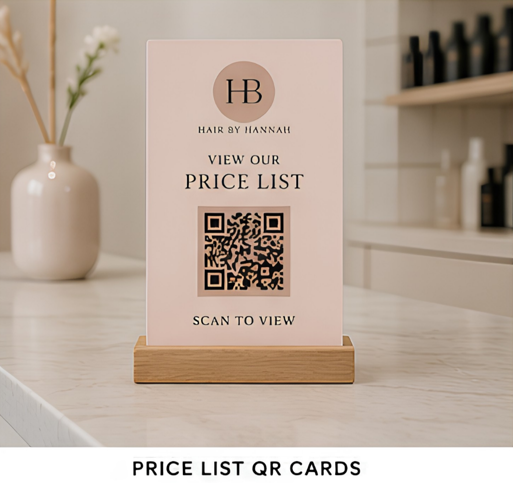 Price List QR Cards.

Keep your prices up to date without replacing printed materials. Perfect for salons, clinics, beauty professionals, trades and service businesses that regularly update pricing or packages.