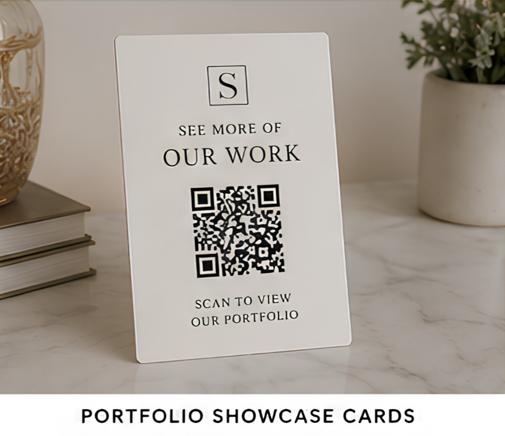 Portfolio Showcase Cards.

Showcase your latest projects, gallery or case studies with a simple scan. Perfect for photographers, designers, architects, estate agents and creative businesses wanting to demonstrate the quality of their work.