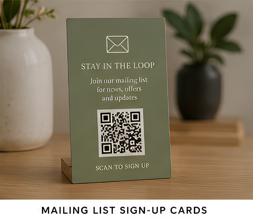 Mailing List Sign-Up Cards.

Grow your email list by encouraging customers to subscribe in seconds. Link directly to your newsletter, exclusive offers or downloadable resources and turn one-time visitors into long-term customers.