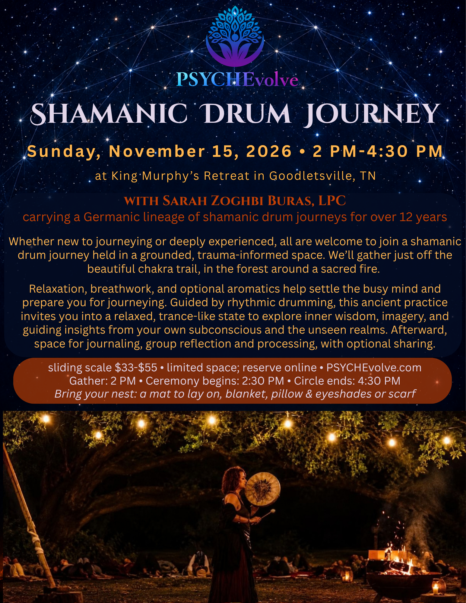 SHAMANIC DRUM JOURNEY on Sunday, November 15, 2026 • 2 PM-4:30 PM