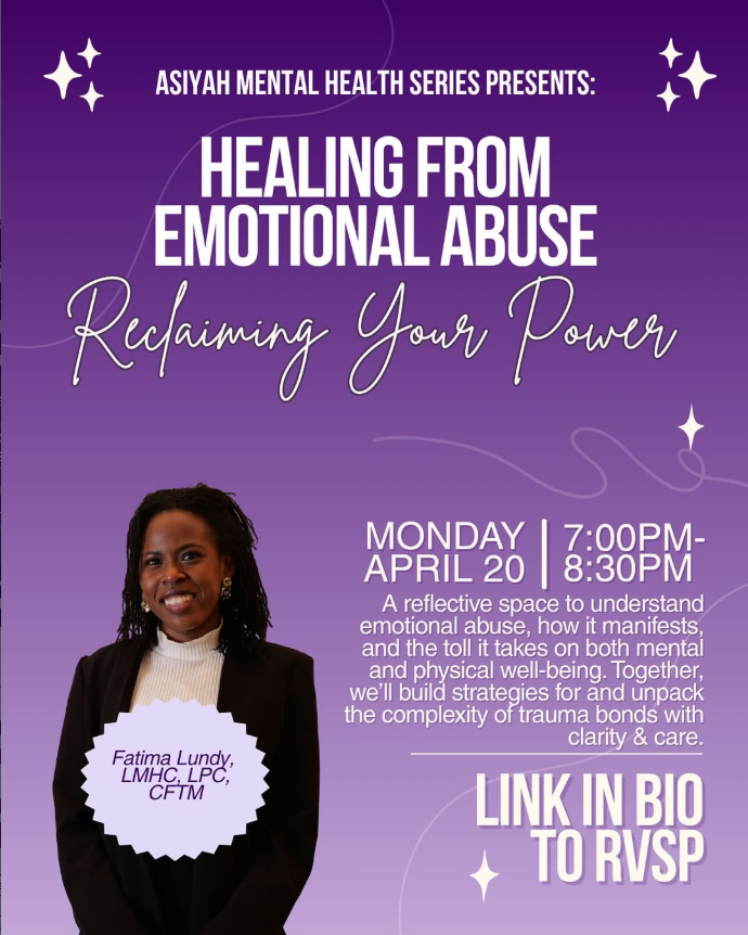 Flyer of Fatima Lundy giving a workshop on Emotional Abuse at Asiyah Women's Center