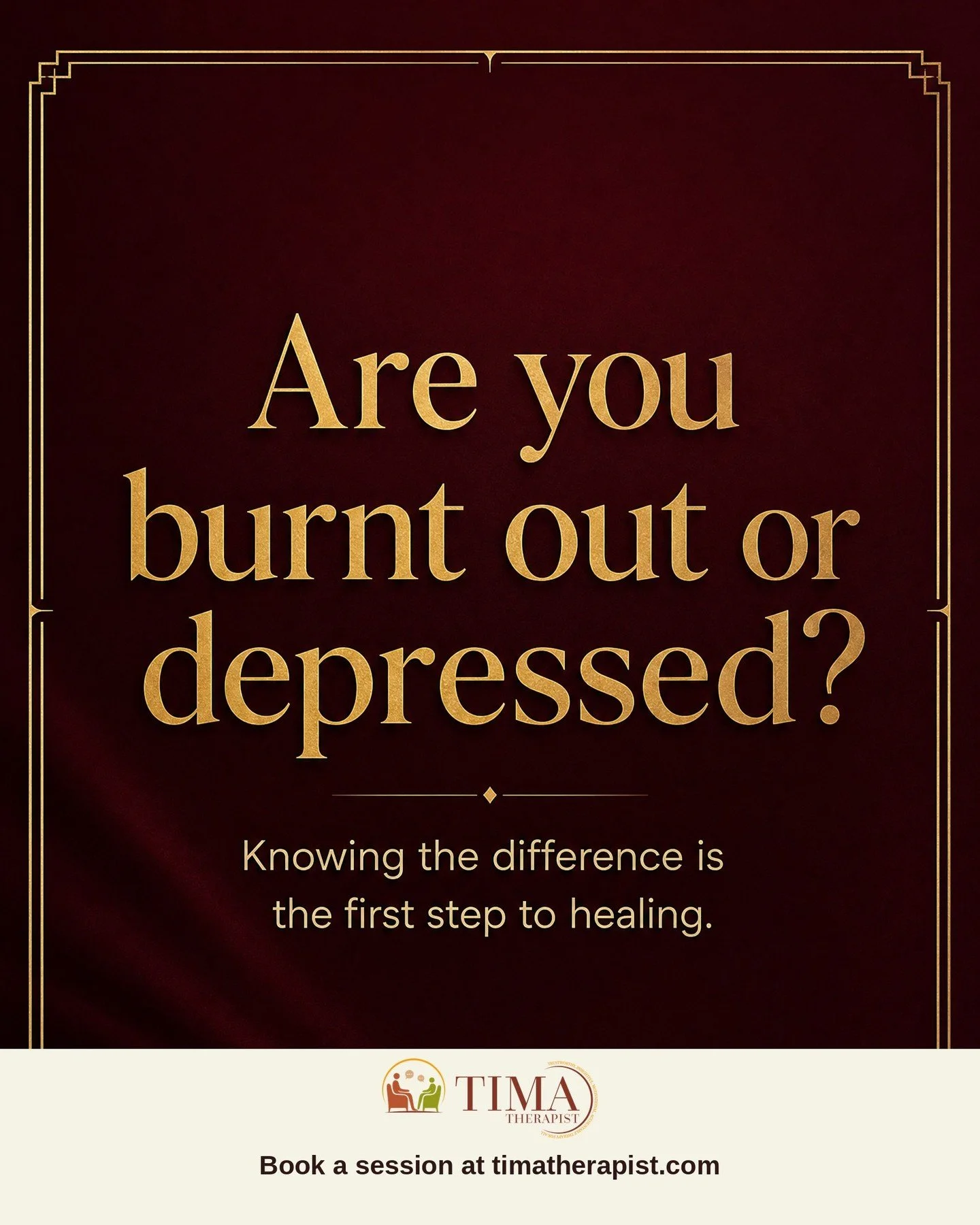 Slide 1: Are you burnt out or depressed? Slide 2: Burnout is often tied to a specific stressor (work, caregiving). Slide 3: Depression affects every area of life, regardless of stress levels. Slide 4: Both require support. You don't have to figure it