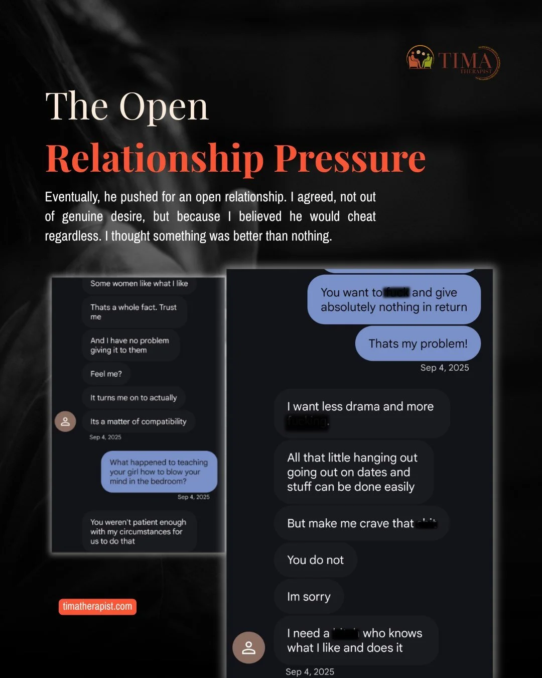 He cheated on me on the same night we agreed to be exclusive.
 
He told me himself.
 
I didn't leave. That was the first of many moments I accepted behavior I never should have.
 
Over time, he introduced other women into our dynamic in ways that kep