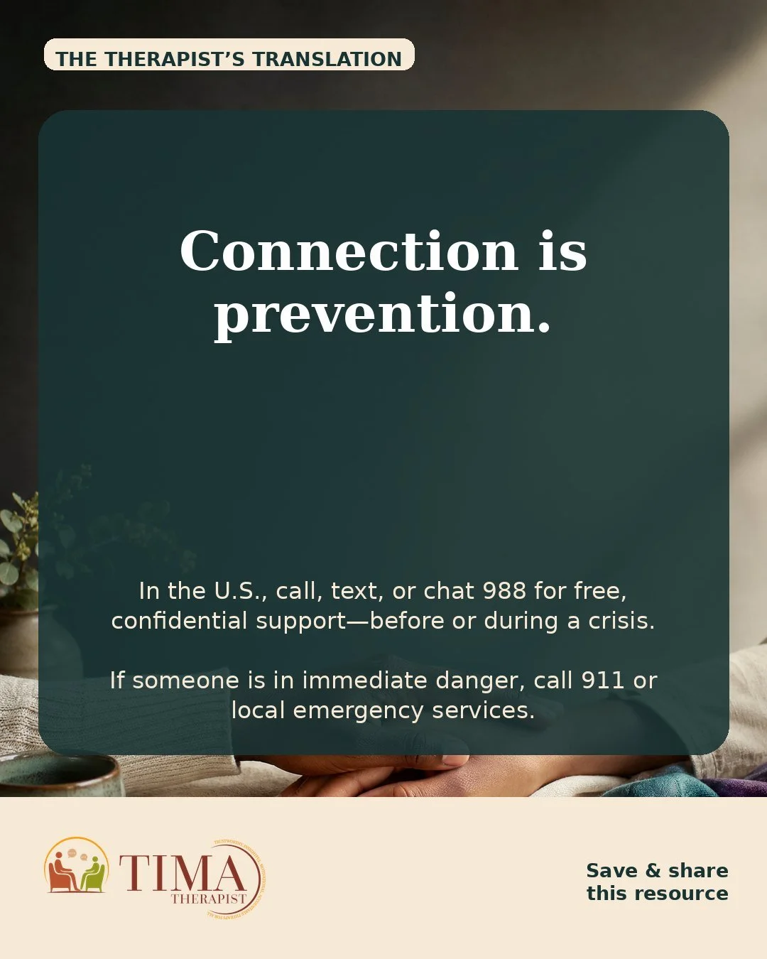 Today is World Suicide Prevention Day. Connection can be protective, and reaching out early matters.

In the U.S., the 988 Suicide &amp; Crisis Lifeline offers free, confidential support by call, text, or chat, 24/7. If someone is in immediate danger