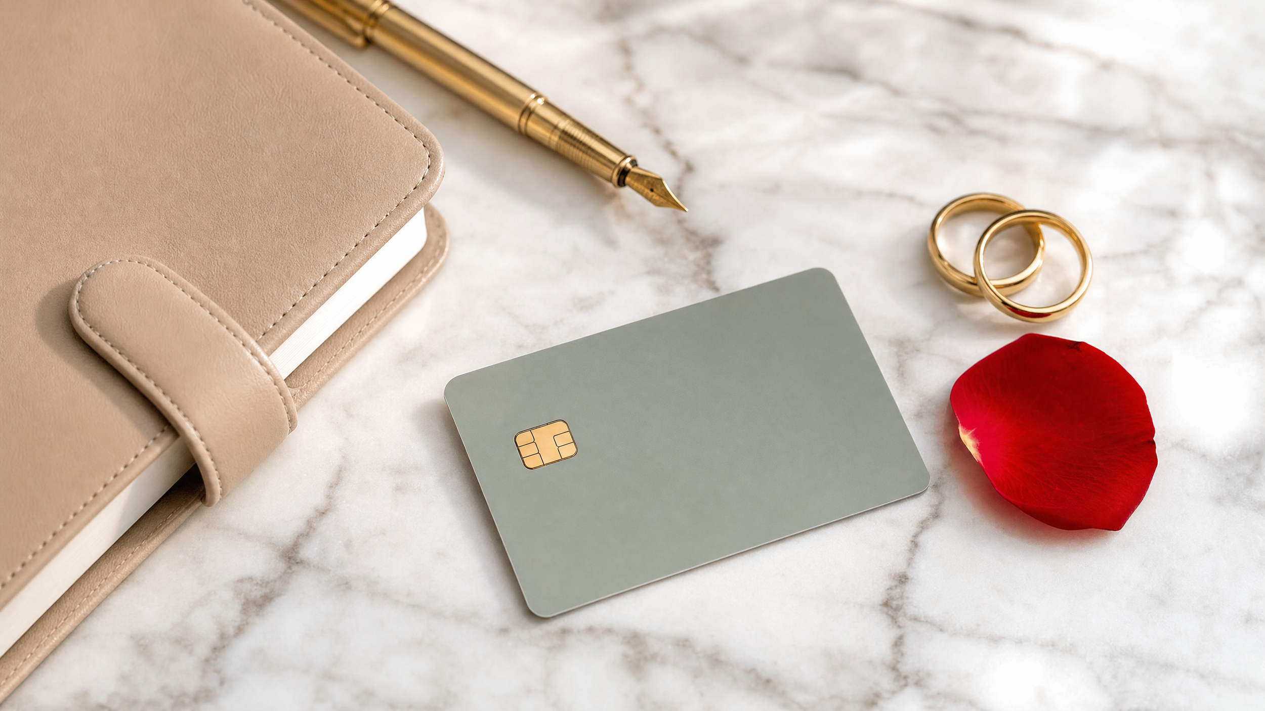 Gold pen, a beige notebook, a gray credit card, a red rose petal, and two gold wedding rings on a marble surface.