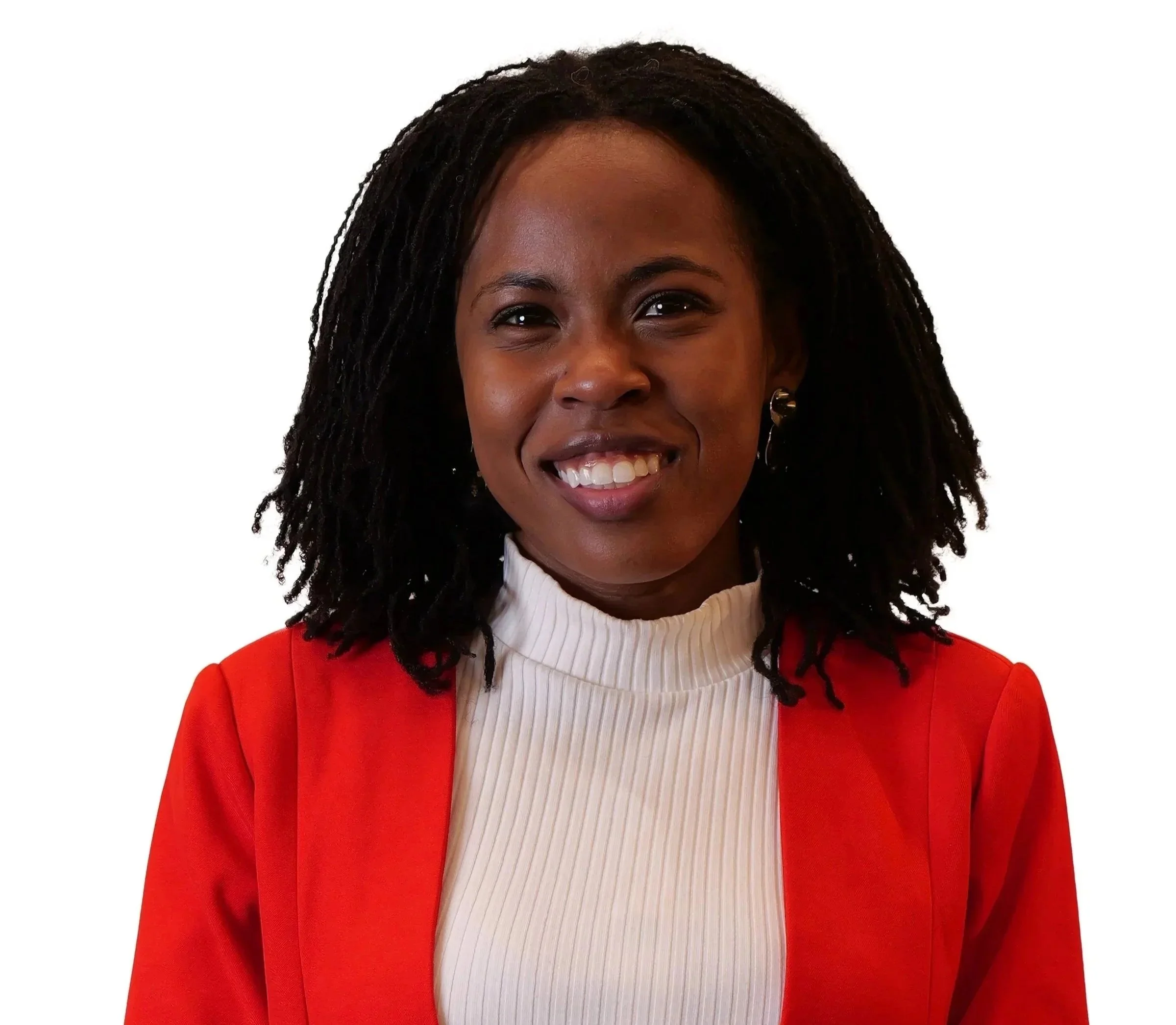 Portrait of a woman with dark skin, black curly hair, wearing a white turtleneck and a red blazer, smiling at the camera.