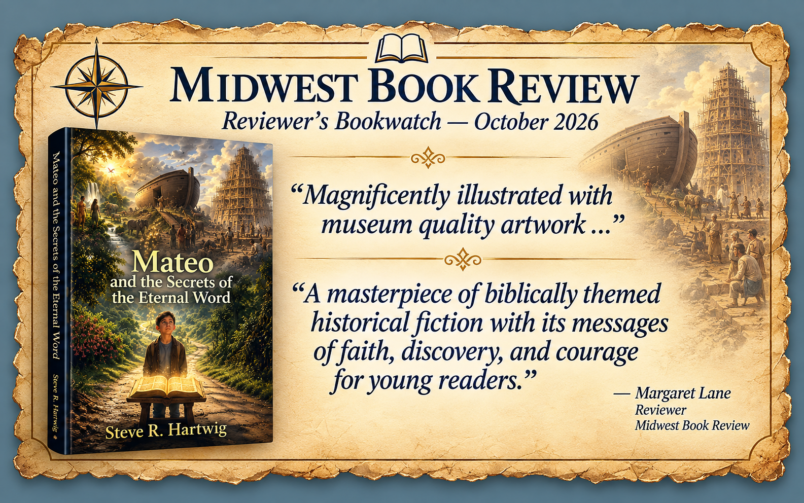 Vintage parchment-style Midwest Book Review banner featuring the book “Mateo and the Secrets of the Eternal Word” by Steve R. Hartwig, with biblical historical artwork and reviewer quotes.