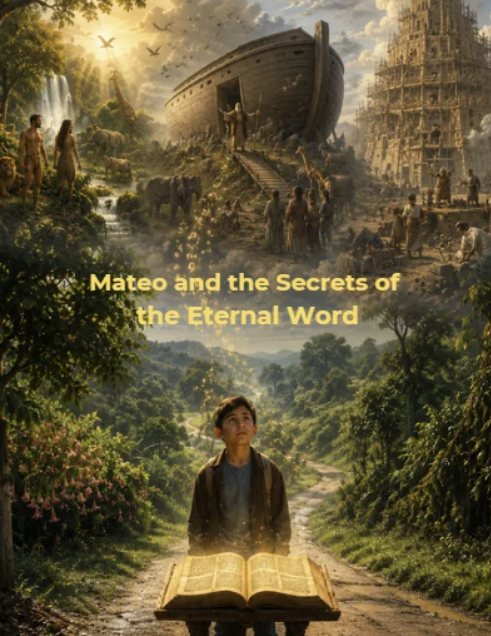 A young boy standing on a dirt path in a lush, green landscape with an open book in front of him. In the sky above, there is a large wooden ship, a group of people, animals, and a city under construction or ruins, with a golden sunset in the background. Text overlays read 'Mateo and the Secrets of the Eternal Word.'