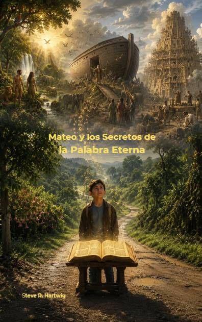 Cover of a book titled "Mateo y los Secretos de la Palabra Eterna" by Steve R. Hartwig. The illustration depicts a young boy standing on a dirt path in a lush, green forest, looking up. An open book is in front of him. In the background, there is a fantastical landscape with ancient ruins, a large historic ship, and a towering, partially ruined castle. The scene includes people, animals, waterfalls, and flying birds, suggesting a mix of adventure, history, and fantasy.