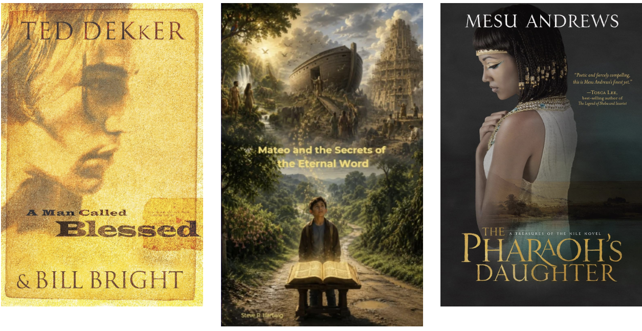 Three book covers displayed side by side. The first is 'A Man Called Blessed' by Ted Dekker and Bill Bright, featuring a textured sepia-tone image of a man's face and sunglasses. The second is 'Mateo and the Secrets of the Eternal Word' showing a young boy on a path with a large open book, lush green landscape, and a shipwreck in the background. The third is 'The Pharaoh's Daughter' by Mesu Andrews, depicting a profile of an ancient Egyptian woman with dark hair and jewelry, against a backdrop of water and a mysterious landscape.