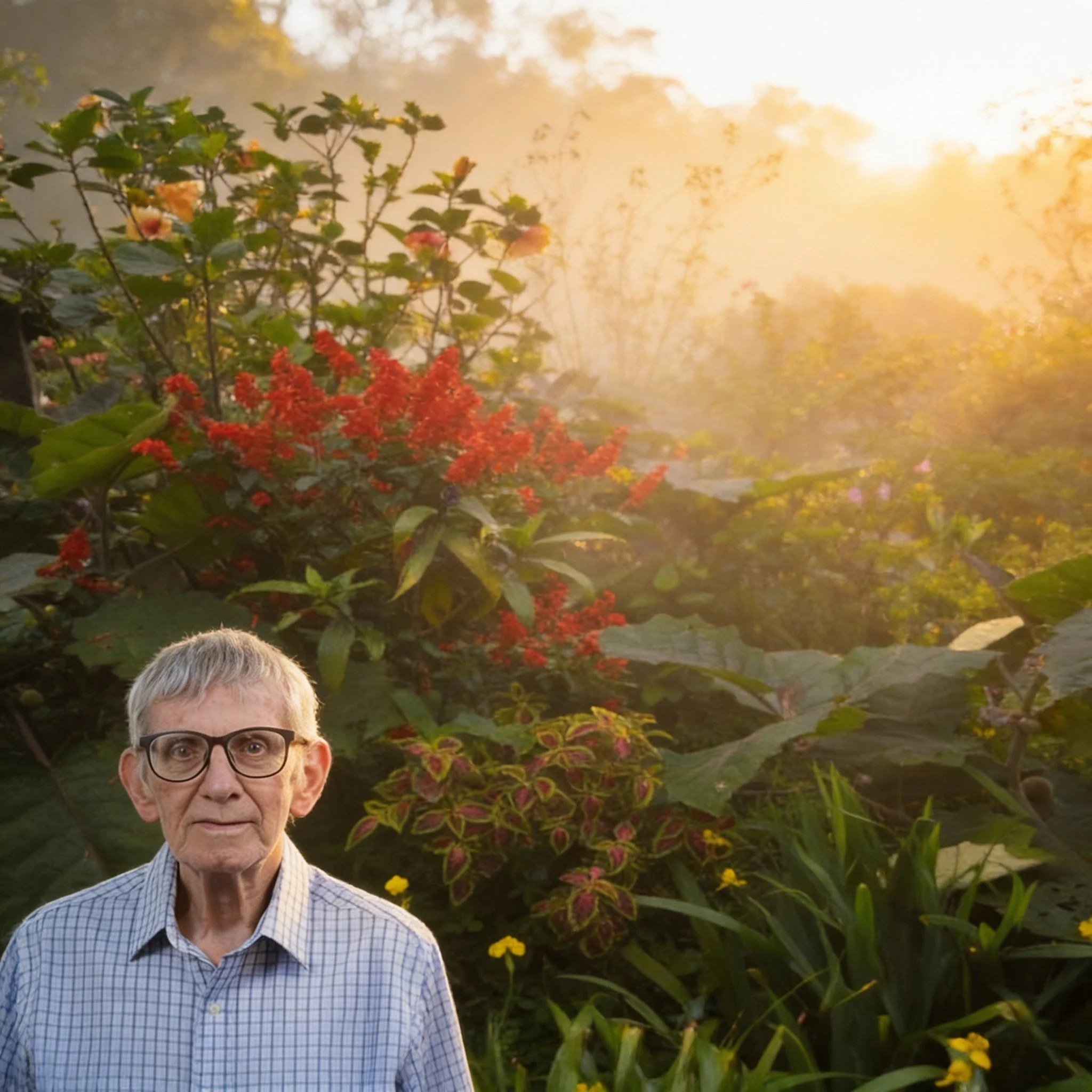A middle-aged man with gray hair, glasses, and a light blue checkered shirt is standing outdoors in a garden with colorful flowers and green foliage, with sunlight shining through the trees in the background.