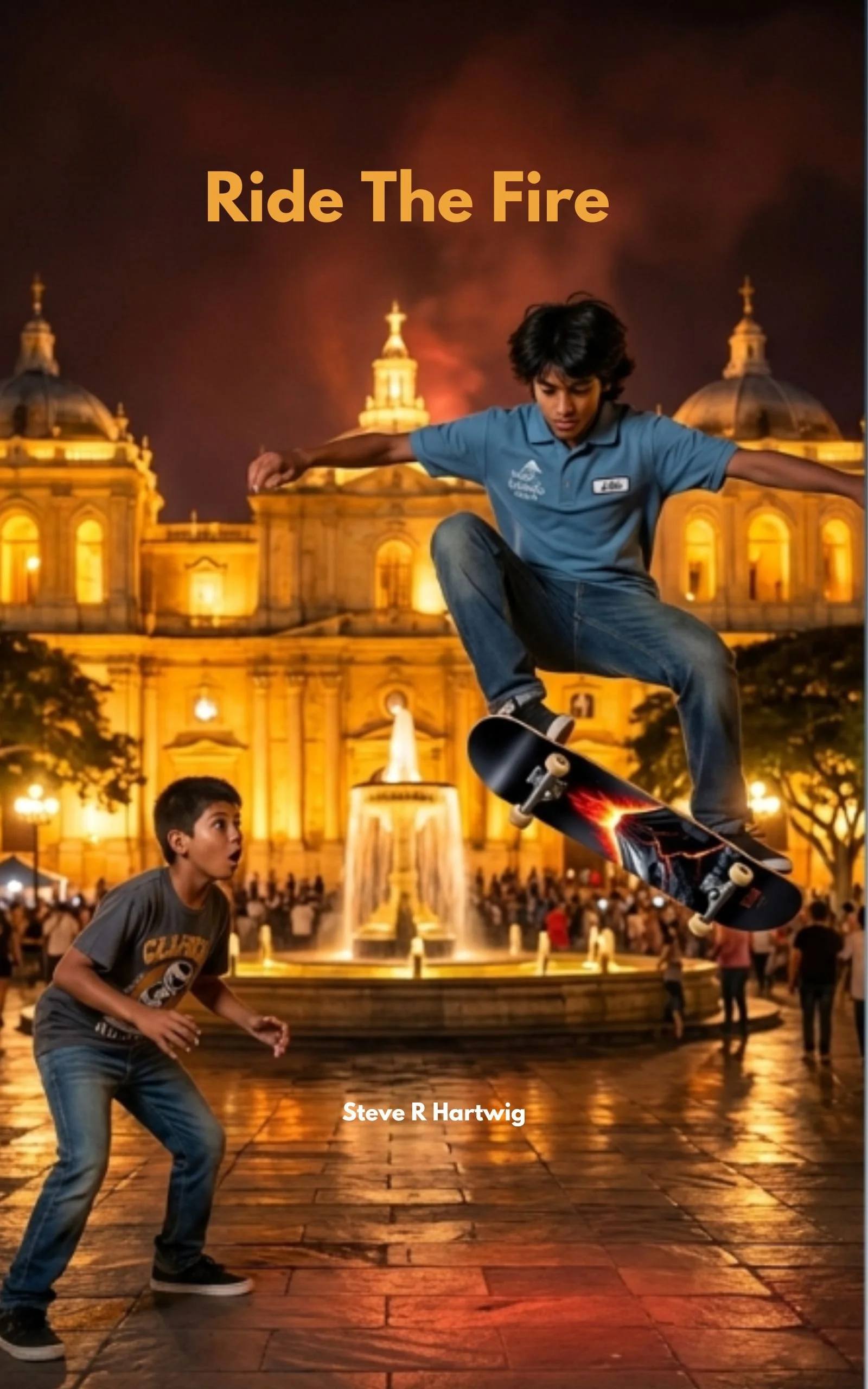 Cover of Ride The Fire by Steve R. Hartwig inspired by skateboarding culture in León, Nicaragua