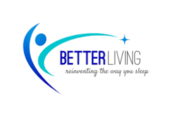 Logo of Better Living with a stylized figure, swoosh design, and tagline 'reinventing the way you sleep'.
