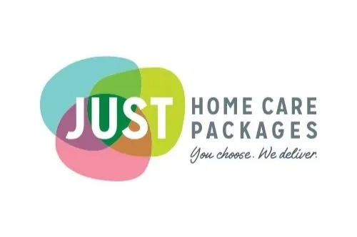 Logo for Just Home Care Packages with colorful abstract shapes and the slogan "You choose. We deliver."