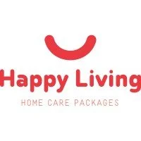 Logo for Happy Living Home Care Packages featuring a red smiley face and red text.