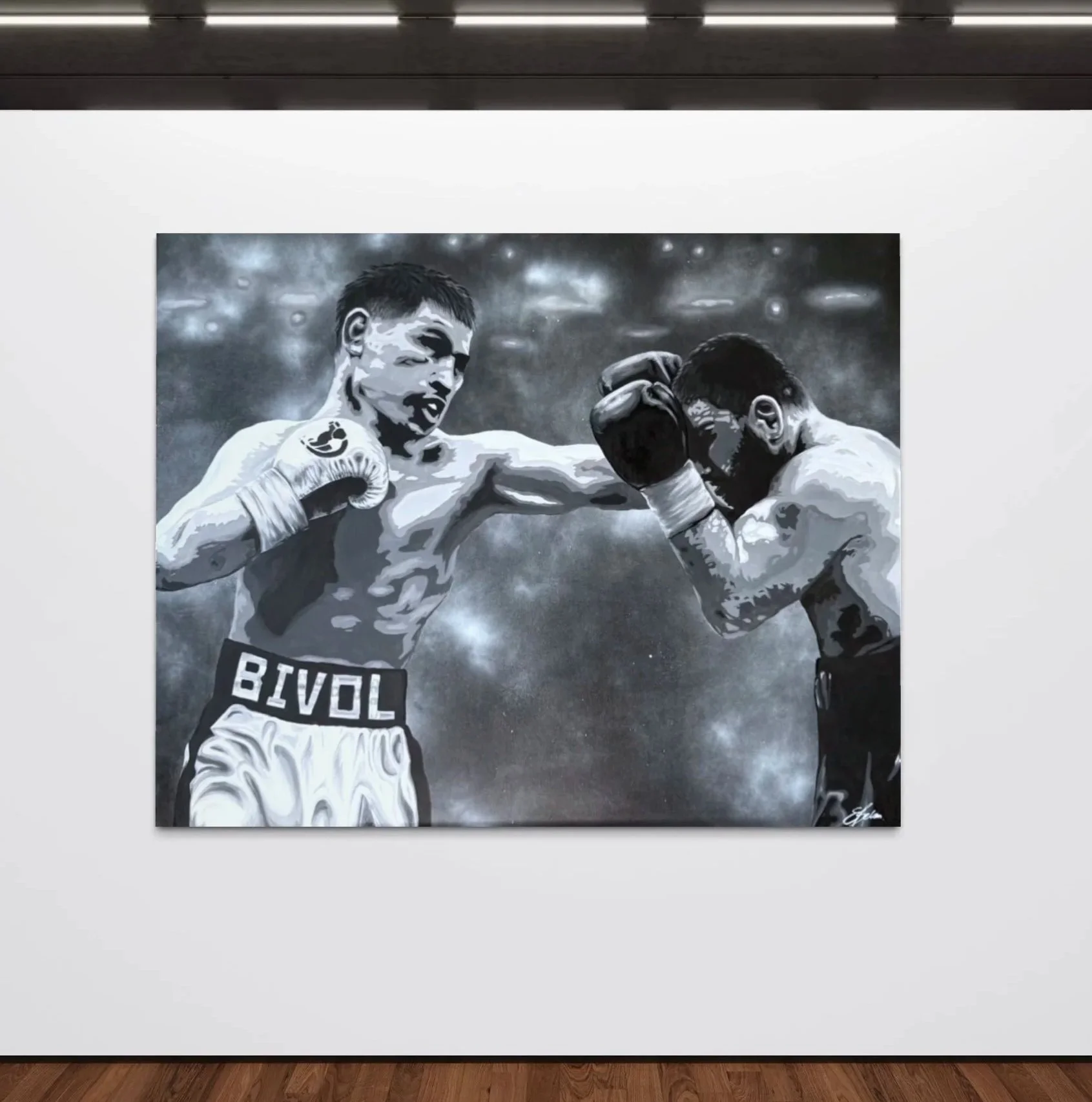 Black and white painting of two boxers mid-fight, one delivering a punch and the other blocking.