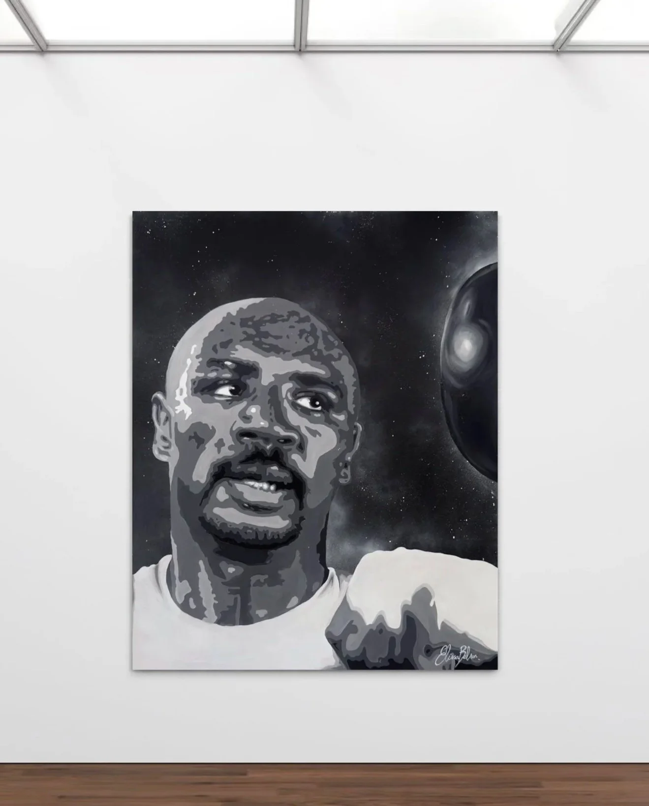 Black and white painting of a man with a serious expression, looking to the side, with a cosmic background and a large planet or moon nearby, signed by the artist Eleanor Blake.