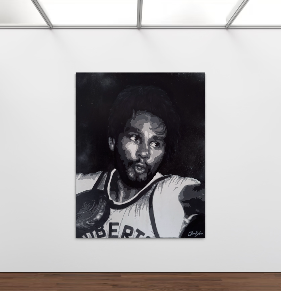 Black and white painting of a man with an afro hairstyle, wearing a sports jersey. The man appears to be in motion, with a surprised or expressive facial expression.