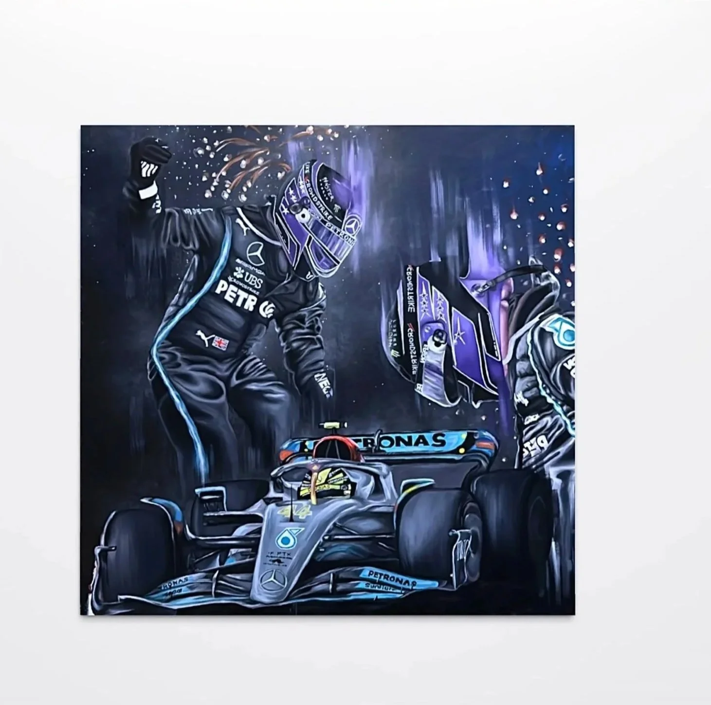 Lewis Hamilton Formula 1 Seven Time World Champion original oil painting by UK artist Elissa Belson — Formula 1 fine art for sale
