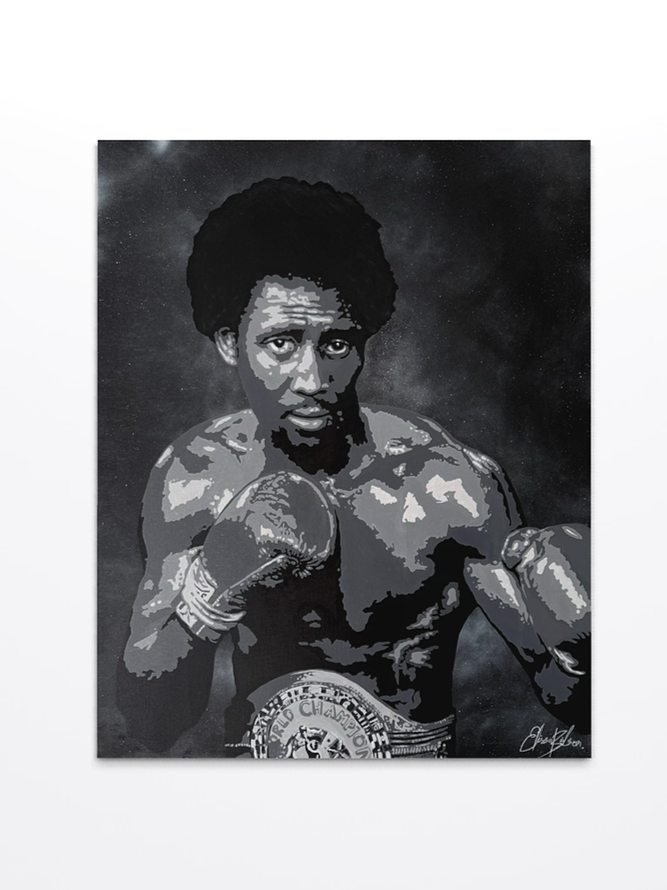 Black and white portrait artwork of Thomas Hearns with boxing gloves and championship belt.