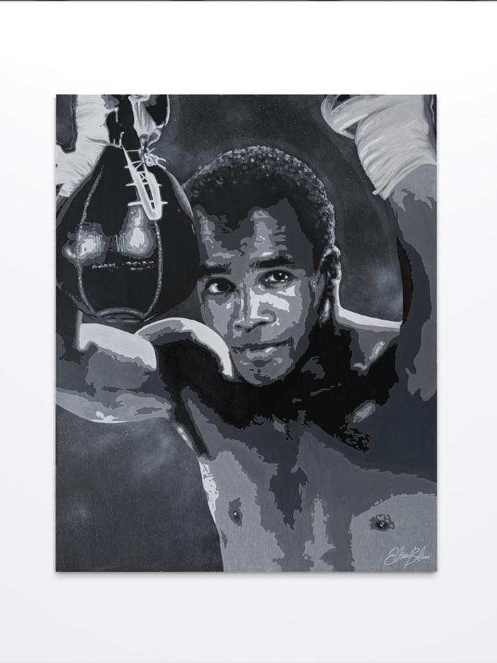 Grayscale painting of Sugar Ray Leonard in a boxing stance holding gloves.