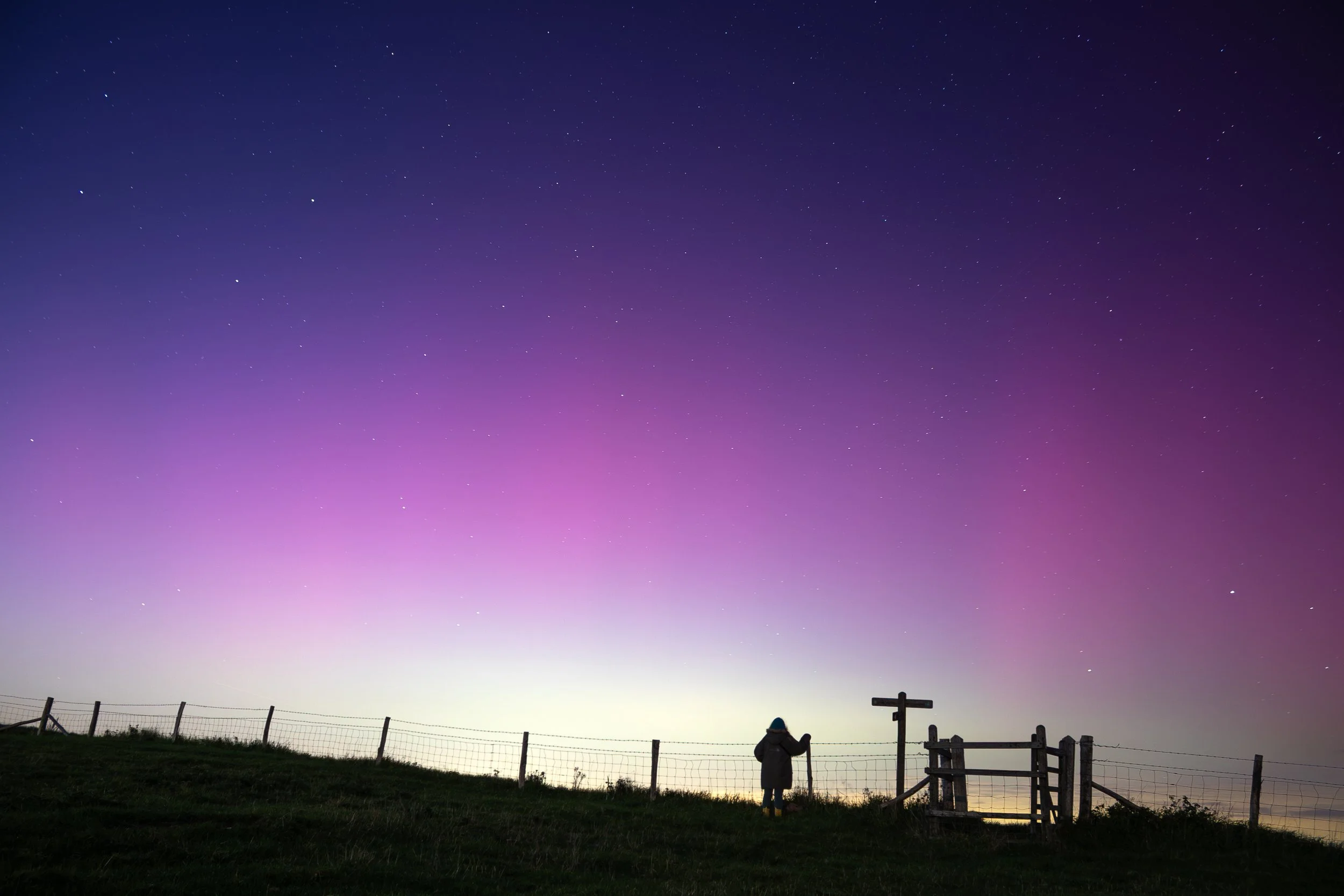 A person standing on a grassy hill, facing away from the camera, looking at the Northern Lights colouring the starry night sky with purple and pink hues, next to a wooden fence and a signpost.