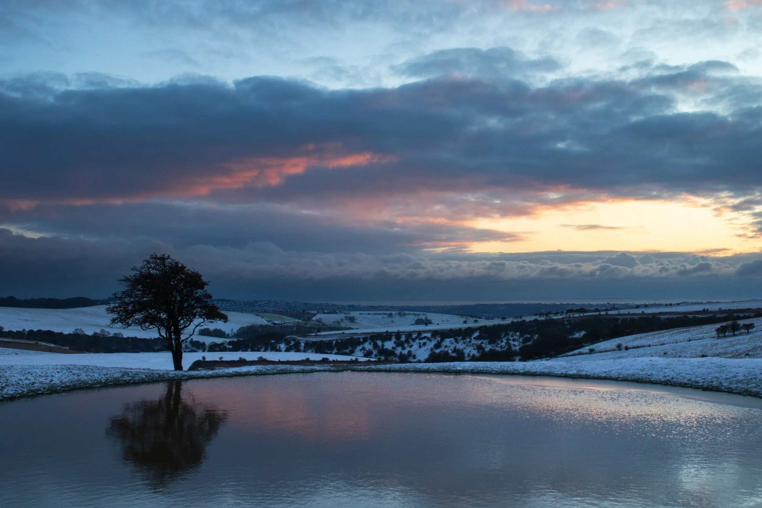 Snow-covered rolling hills of the South Downs with a solitary tree reflected in a dew pond, under a cloudy sky with hints of pink and orange during sunset.
