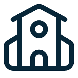 A simple black outline of a house with a rounded door and two circular windows.